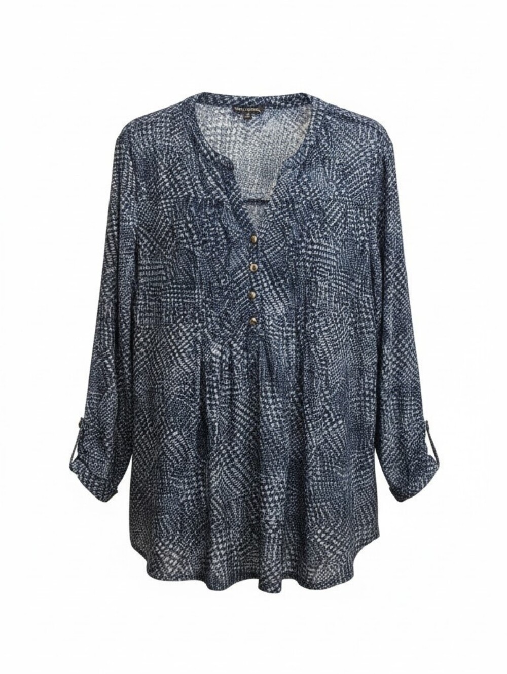 Ava & Grace Women's Blue/White Geometric V-Neck Button 3/4 Sleeve Blouse XL